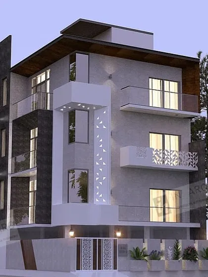A design concept for a narrow-plot residence. The elevation uses vertical elements and CNC-cut panels to create a sense of height and modern elegance.