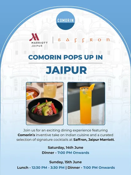 Taking our flavors to the Pink City. This poster announces our pop-up at the Jaipur Marriott, promising an exciting dining experience with our signature food and cocktails.