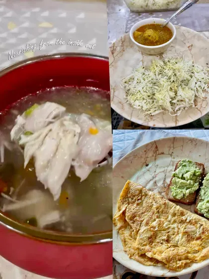 Nourishing my body from the inside out, two weeks after giving birth. My meals included healing soups, omelettes, and other nutrient-dense foods to support my recovery.