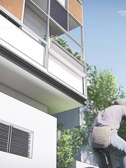 A street-level perspective of the Hennur road renovation. This render shows how the transformed building interacts with its environment, with the new facade design creating a modern landmark on the street.