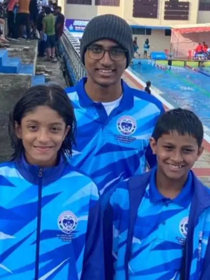 Our swimmers Vishwathan, Sparsha, and Krishna with their impressive medal haul from the South Zone Aquatic Championship. Their performance earned them 1 Gold, 2 Silvers, and 5 Bronze medals.