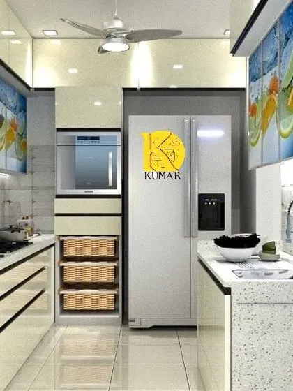 A U-shaped layout for the citrus-themed kitchen, demonstrating how we maximize counter space and storage in any kitchen shape.