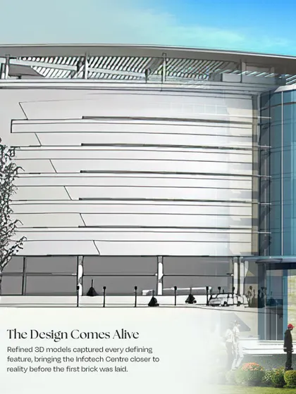 A refined 3D model that brought the Infotech Centre closer to reality before construction began. This visual helped define every detail of the facade, from the canopy to the cladding, ensuring the design intent was clear.