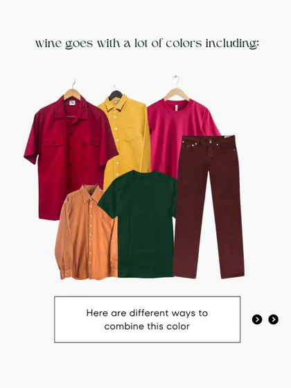 An overview of the different colors that can be paired with wine-colored trousers, giving you multiple styling options.