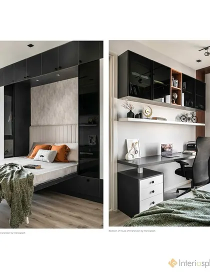 This collage from our Volume Zero Magazine feature shows a bedroom we designed with a built-in study. The monochrome palette and smart storage make it a functional and stylish space.