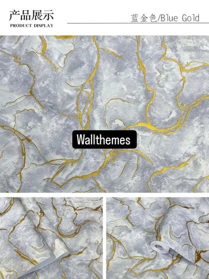 A catalog image of a blue and gold marble-effect wallpaper, showing the full pattern and close-up details.