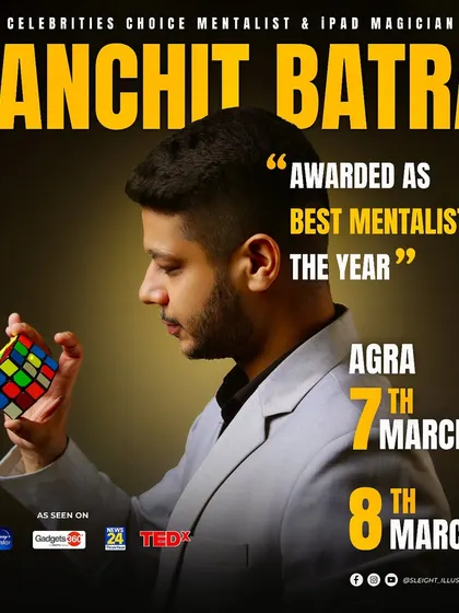 A poster for back-to-back show dates in Agra, highlighting my work with a Rubik's cube.