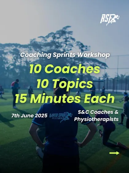 Our Coaching Sprints Workshop offers a unique learning format: ten coaches, ten critical topics, each in a 15-minute sprint. This poster captures the dynamic and information-packed nature of the event, designed for busy S&C coaches and physiotherapists looking for concentrated, field-tested insights.