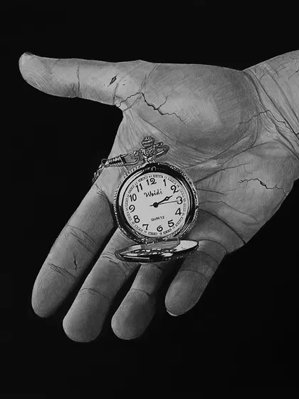 A close-up of the "Time" drawing. You can see the fine details on the watch face and the texture of the cracked skin.