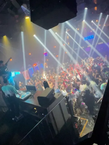 Another angle from a wild Saturday night at Hydra. The combination of spotlights and a full house creates a fantastic party vibe.