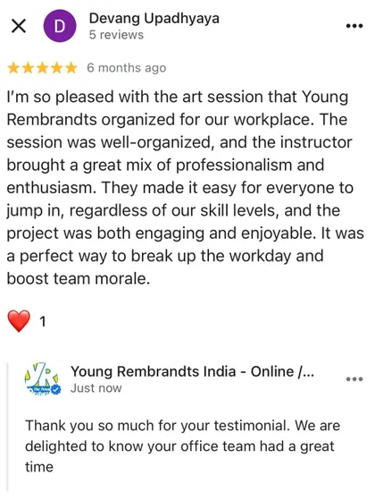We love bringing creativity to the workplace. This review from a corporate session highlights how our workshops serve as a great team-building activity that boosts morale and is enjoyable for all skill levels.