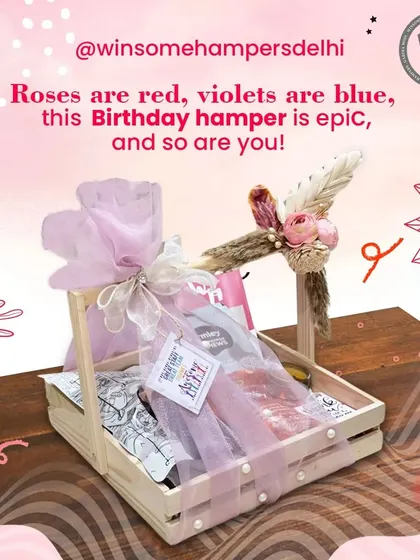 "Roses are red, violets are blue, this Birthday hamper is epic, and so are you!" A fun and personalized birthday hamper in a beautiful wooden basket.