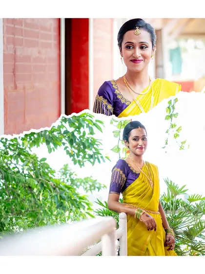A collage of the bride in her vibrant yellow saree, showing different poses and her beautiful smile.