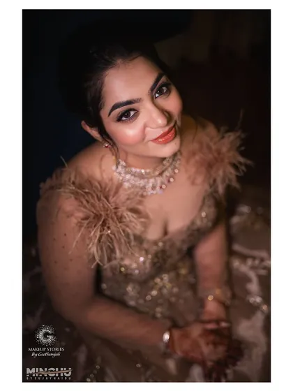 An overhead shot of Reshma, showcasing her beautiful makeup. The warm tones on her eyes and the glowing highlight on her cheeks create a stunning and radiant look.