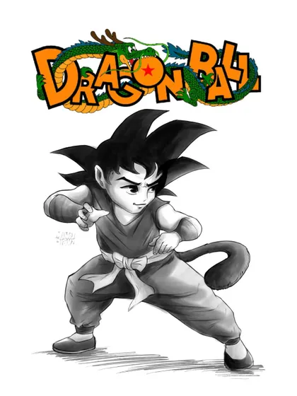 A black and white version of the Dragon Ball fan art. This treatment gives it a manga-style feel, emphasizing the shadows and line work.