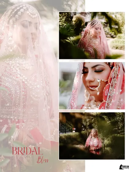 "Bridal Bliss." A collage of bride Mannat in a garden, capturing her serene beauty from different angles.