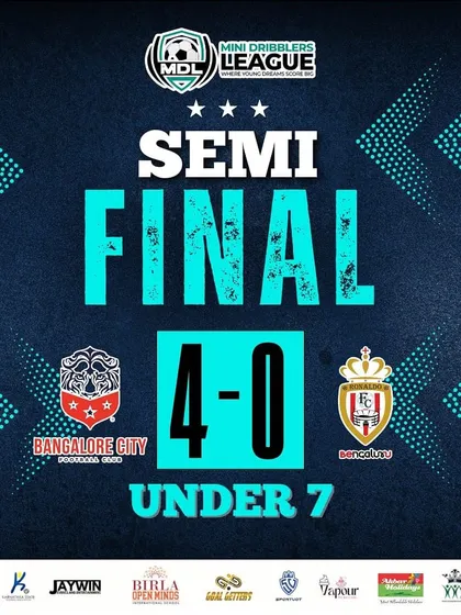 On to the final! A graphic celebrating our U7 team's dominant 4-0 win in the semi-final of the Mini Dribblers League.