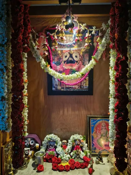 On the sacred occasion of Rath Yatra, our altar is adorned in prayer. We offer our devotion to Lord Jagannath, Balabhadra, and Subhadra, seeking their blessings to guide us on the path of love, unity, and inner peace.