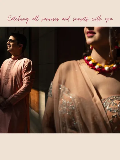 A beautiful shot capturing the couple in a sun-drenched moment during their haldi ceremony, with the caption "Catching all sunrises and sunsets with you."