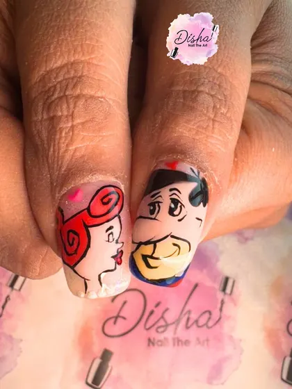 A throwback to classic cartoons for Valentine's Day. I hand-painted this iconic couple for a fun, nostalgic, and romantic nail art design.