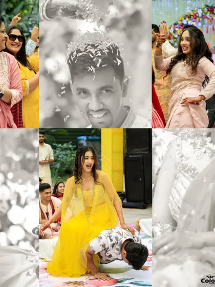 A collage of candid moments from a Haldi and Mehendi, showing guests dancing, playing, and celebrating with the couple.