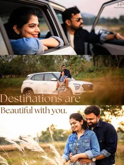 A road trip themed pre-wedding collage. These shots tell a story of adventure and togetherness, from looking out the car window to relaxing on the hood in a scenic field.