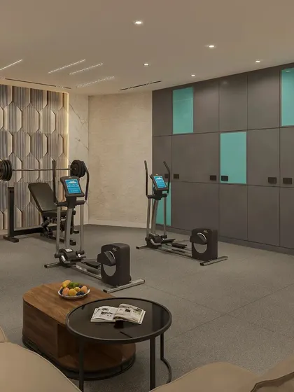 This modern home gym in a basement features sleek equipment and stylish storage solutions with grey and teal lacquered glass shutters.