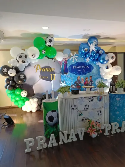 The full view of the dual-themed Football and Frozen party, showing how we can cater to two different interests at once.
