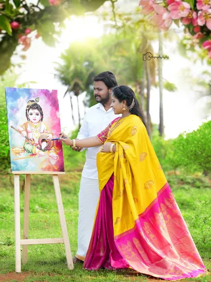 An outdoor variation of our creative painting theme. The expecting couple works together on a vibrant painting of Little Krishna, blending their creative journey with the natural beauty of our private garden location.