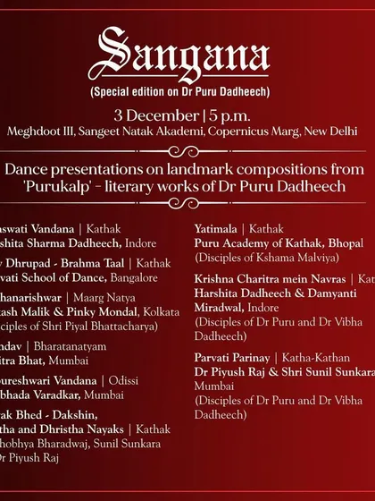 The detailed program for the 'Sangana' event, listing our 'Shiv Dhrupad' performance among other literary works of Dr. Puru Dadheech.