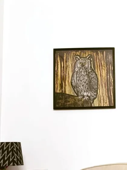 This sold painting of an owl by Puja Kumari is another example of her captivating work. Her ability to blend intricate drawings with natural elements has made her a favorite among our collectors.
