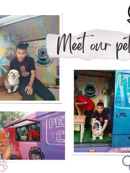 Our groomers love their work, and it shows. Here's one of our team members posing with a happy client after a successful grooming session in our mobile van.