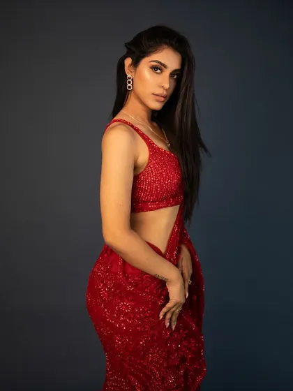 A simple and powerful portrait from the Samyakk sarees shoot. The makeup is clean and defined, enhancing the model's striking features.