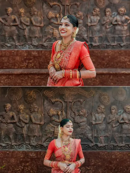 A collage of a bride posing against a beautifully carved temple wall, her red saree standing out against the ancient stone.