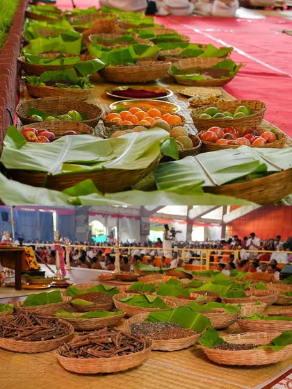 Baskets of offerings, including fresh fruits and medicinal herbs, line the hall for the Shat Chandi Homa. These offerings represent our gratitude for nature's bounty.