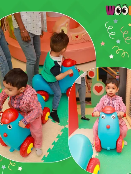 A collage showing toddlers enjoying the ride-on toys in our play area.