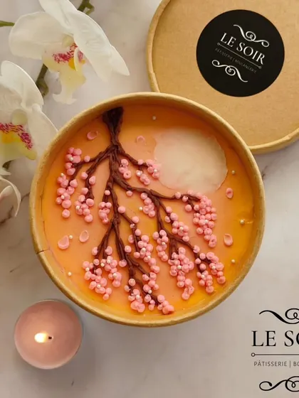 Another view of the delicate cherry blossom cake tub, showing the full moon and intricate branch details. These tubs are designed to be beautiful from every angle.