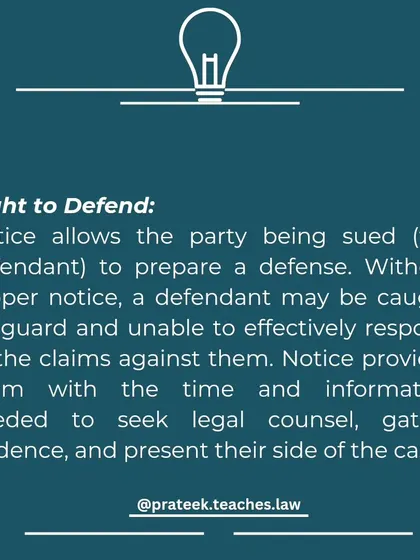This slide details the Right to Defend, explaining that a notice gives the defendant time and information to seek legal counsel, gather evidence, and prepare a defense.