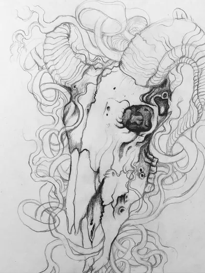 A rough pencil sketch of a ram skull, mapping out the horns and the flow of the tentacles before committing to ink.
