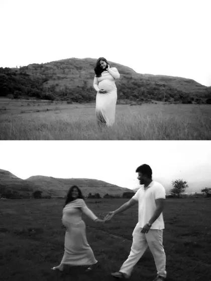This black and white collage captures both a beautiful solo portrait of the mom-to-be and a candid moment of the couple walking and laughing together, telling a fuller story of their session.