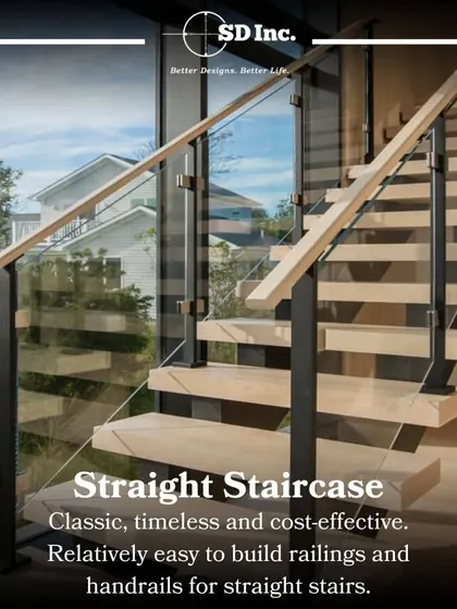 The classic straight staircase is a timeless and cost-effective choice. In this design, I've used a glass railing and wooden treads to create a clean, modern look that doesn't obstruct the view.