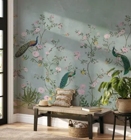This entryway is graced by our Traditional Peacock Harvest Garden wallpaper, creating a serene and elegant welcome. The soft colors and graceful peacocks offer a tranquil start to the home.