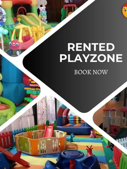 A collage of rented playzones, featuring a frog-themed toy, a blue spinner, and a bouncy castle. It’s a visually engaging summary of the fun and colorful equipment I offer.