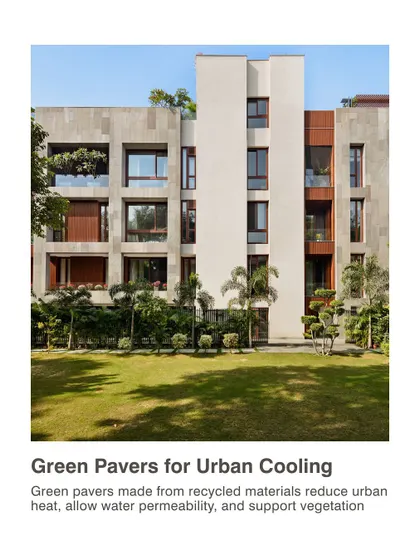 Green pavers, made from recycled materials, are a simple but effective tool for urban cooling. They allow water permeability to reduce runoff and support vegetation, helping to mitigate the urban heat island effect.