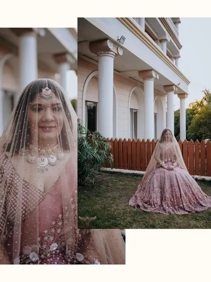 A combination of a full-length and a close-up portrait. This allows a viewer to appreciate both the grandeur of the bride's entire look and the happy expression on her face.