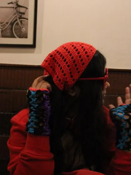 A candid shot of the red bandana and neon gloves. I love creating pieces that are fun to wear and express your personality.