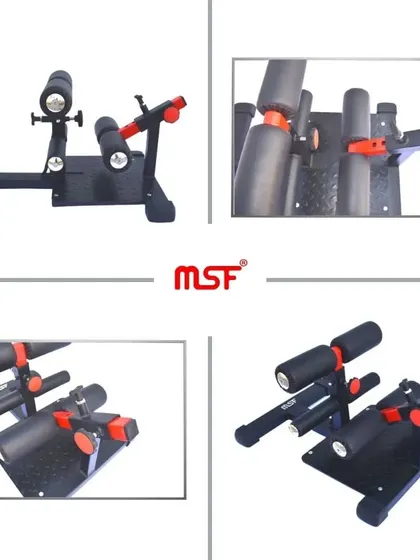 A collage of detailed shots of our Sissy Squat machine, highlighting its adjustable pads and sturdy construction.