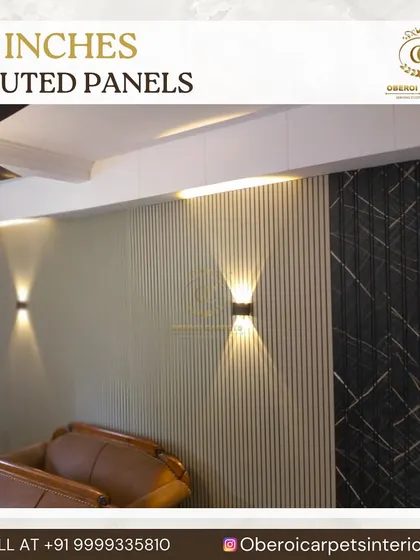 This design shows our 12-inch wide fluted panels in a light shade, complemented by modern wall sconces. The combination of textured panels and smart lighting adds depth and character to the room.