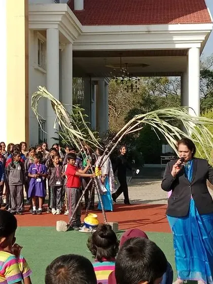 Our principal addresses the assembly during the Makar Sankranti celebration, explaining the cultural importance of the festival.