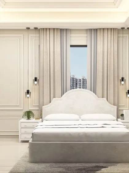 This 3D concept shows a luxurious master bedroom with classic wall paneling, a tufted headboard, and elegant hanging pendant lights on either side of the bed.